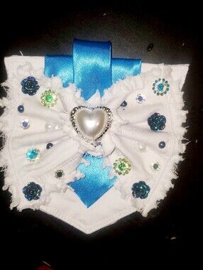 Custom Bowtie Pocket Brooch/Frayed White with Blue Satin Ribbon and Heart Accent